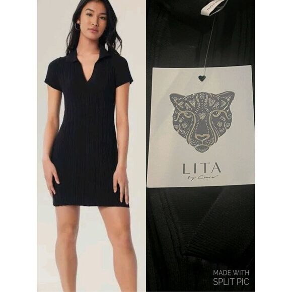 LITA by Ciara Black Ribbed Polo Dress Small